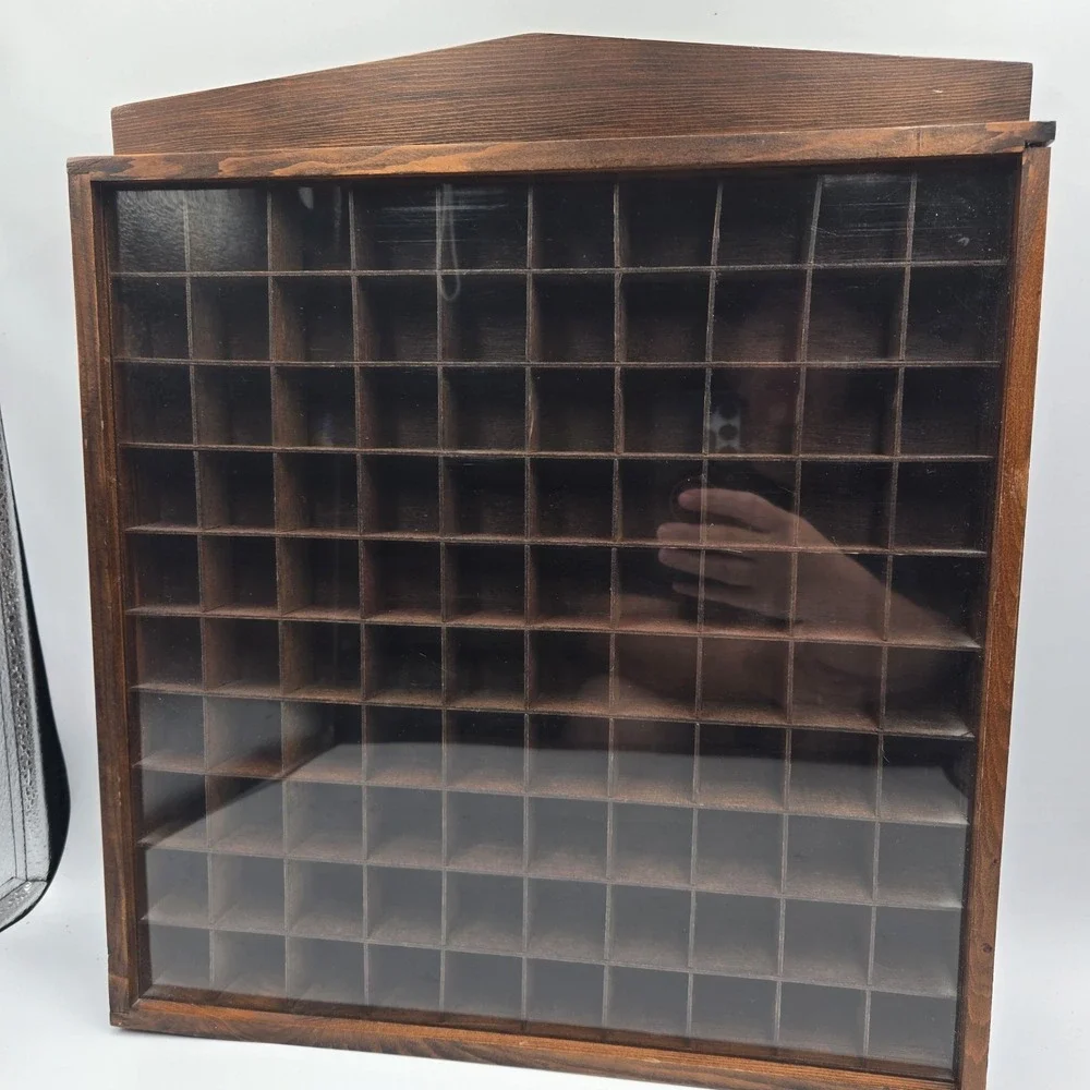 Vtg Miniatures Display Case Cabinet Wood Sliding Plexiglass Front 100 Cubbies